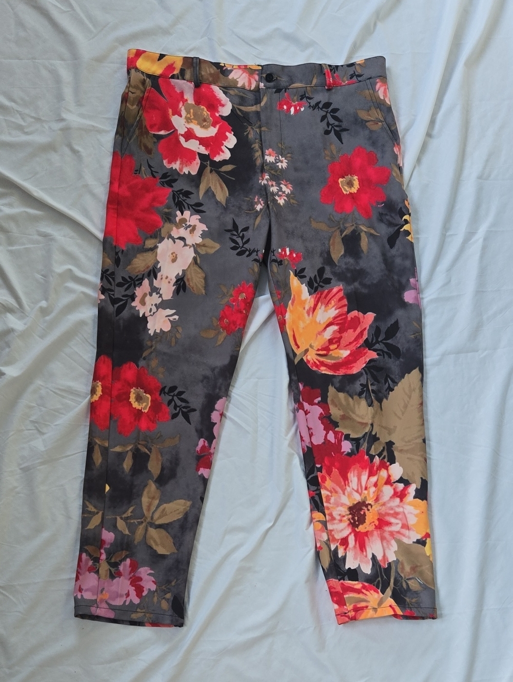 Men's Pants Grey With Multi Color Flowers On Front/Back Beautiful Rich Colors